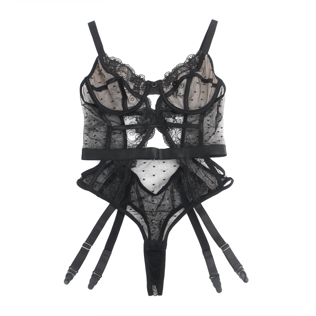 Oh Yeah - Body in Pizzo con Reggicalze Incorporato - Nero